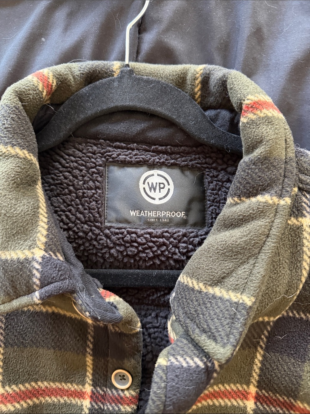 Weatherproof Olive Green Plaid Fleece Shirt Jacket with Black and Red Trim